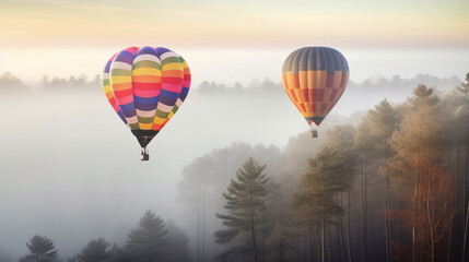 Obraz premium hot air balloon over green jungle on sunrise