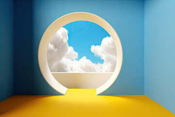Abstract blue room with round exit to the balcony with clouds in the background, created with Generative AI
