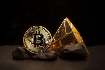 golden bitcoin, conceptual image for crypto currency, golden pyramid, generative ai