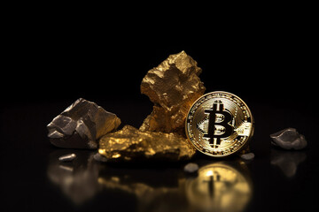 golden bitcoin with gold ore, generative ai