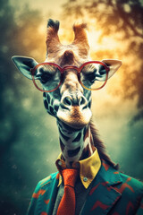 Fashionable giraffe in sunglasses and colorful suit on safari park background, created with Generative AI