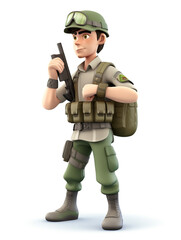 3D illustration showing a soldier in uniform and fully armed. Ready to be directed to carry out tasks. Cartoon images suitable for children. Isolated in white background. 