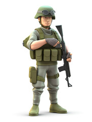 3D illustration showing a soldier in uniform and fully armed. Ready to be directed to carry out tasks. Cartoon images suitable for children. Isolated in white background. 