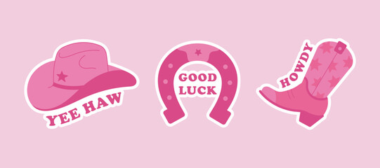 Set of pink stickers wild west theme. Cowgirl illustrations, cowboy hat, horseshoe and boot with lettering