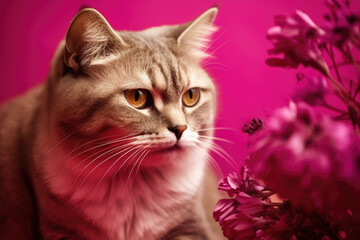 Shorthair cat with flowers on a viva magenta 18-1750 background. Generative AI