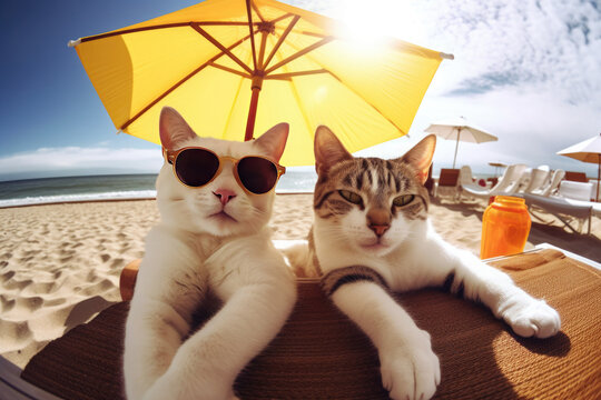 A family couple of cats in sunglasses resting on the beach under an umbrella. Generative AI