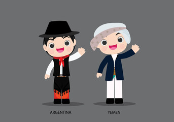 Argentina and Yemen in national dress vector illustrationa