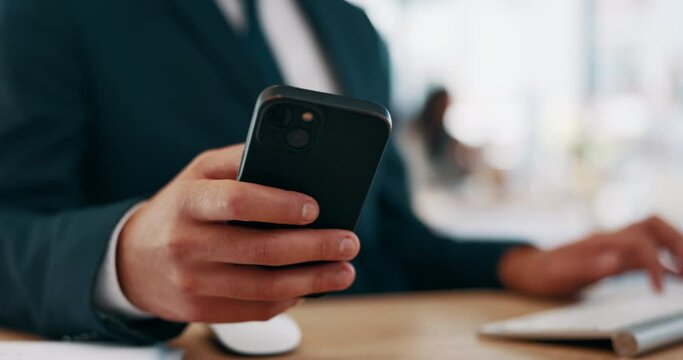 Businessman, hands and phone multitasking or typing in social media for communication at office. Hand of man online browsing or research on smartphone for data capturing or information at workplace