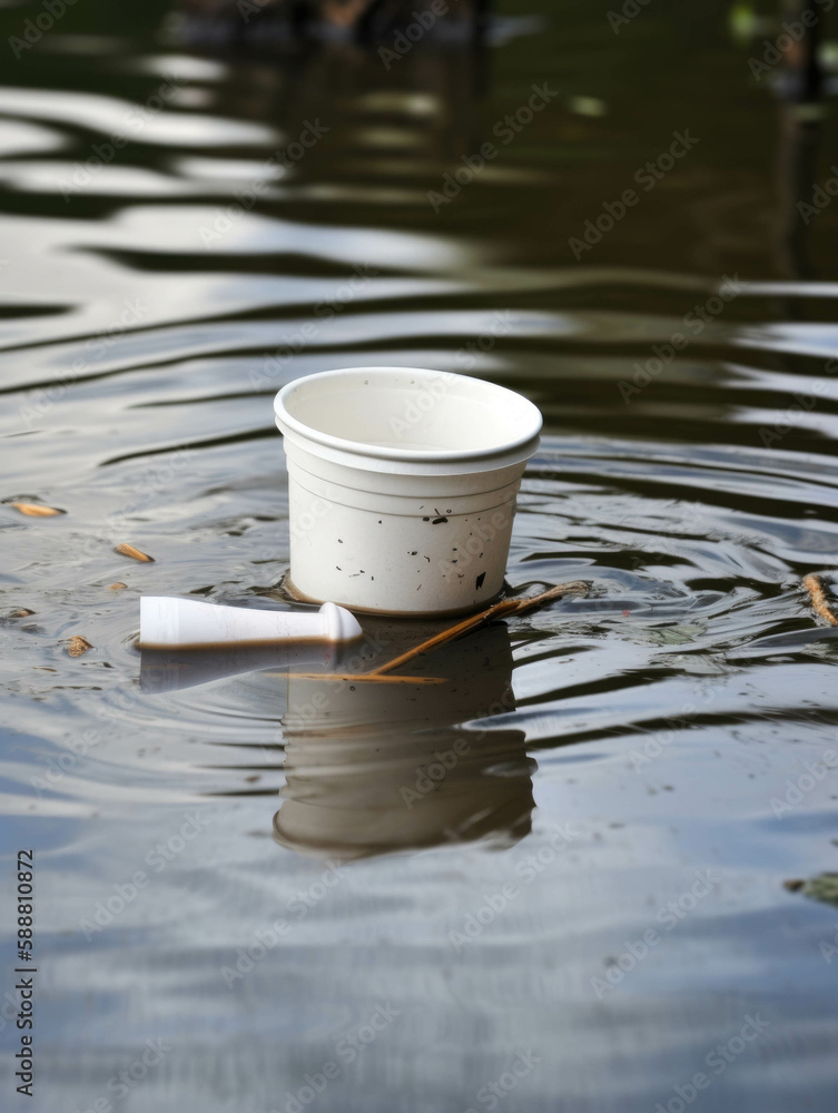 Poster a broken styrofoam cup floating in a polluted lake.. ai generation.