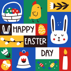 Easter poster. Square graphic poster with cute flat symbols of Easter. Greeting card for web, social media post. Bright contrast colors. Vector illustration with freehand minimalistic elements