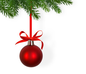 hanging red christmas ball on green tree isolated on transparent background, classical christmas...