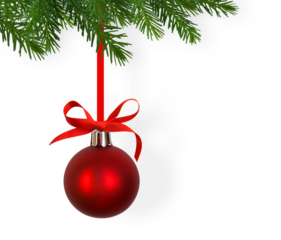 hanging red christmas ball on green tree isolated on transparent background, classical christmas decoration overlay for new year holiday season