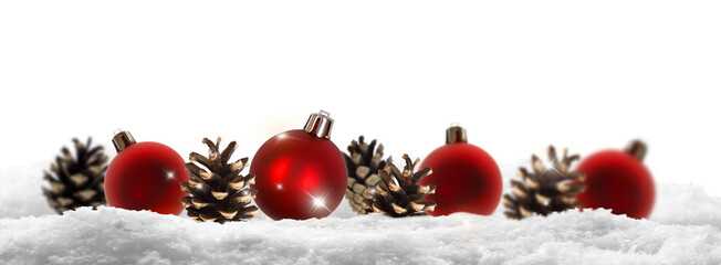 red christmas ball decoration with fir cones in a row  in snow cover isolated on transparent...