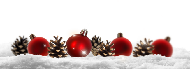 red christmas ball decoration with fir cones in a row  in snow cover isolated on transparent background, happy new years greeting card overlay