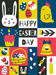 Easter Greeting card, Vertical graphic poster with Easter symbols. Bunny, willow, eggs, bell. Bright contrast postcard, freehand chidish design. Colorful flat vector illustration for print, wall art