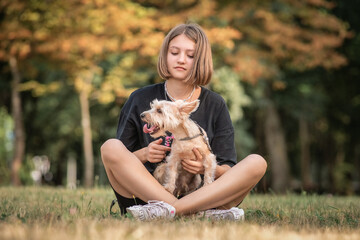 Naklejka na ściany i meble Portrait of a young beautiful fair-haired girl with a thoroughbred Yorkshire terrier in a summer park.