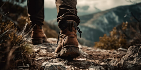 Close-up of a man ascending a mountain with his hiking boots made of leather.. Generative AI