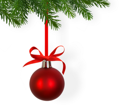 hanging red christmas ball on green tree isolated on transparent background, classical christmas decoration overlay for new year holiday season