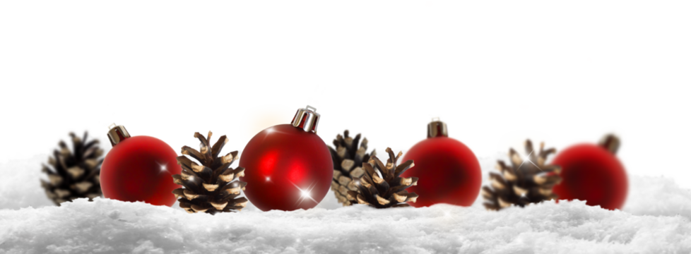 red christmas ball decoration with fir cones in a row  in snow cover isolated on transparent background, happy new years greeting card overlay - Powered by Adobe