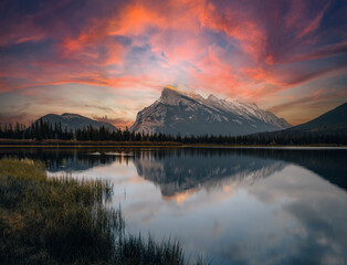 Canadian landscape of mount rundle and vermillion lakes located in banff national park in Alberta,...