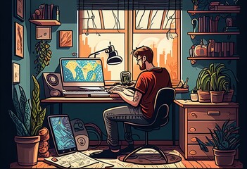 Freelancer man worksbehind a laptop. Home office illustration. AI generative.