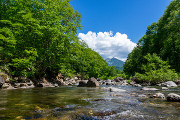 夏の只見川と青空