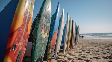 Surfing the Waves: A Colorful Display of Surfboards on the Beach, AI Generative
