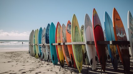Oceanic Visions: A Stunning Canon EOS R Shot of Surfboards on the Shore, AI Generative
