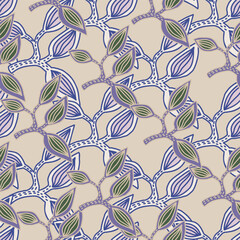 Seamless pattern with decorative leaves. Hand drawn exotic botanical texture. Sketch jungle leaf seamless wallpaper.
