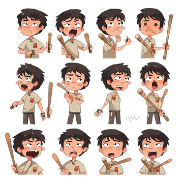 Playful boy with a baseball glove and a bat - Multiple Expressions Same Characters 1