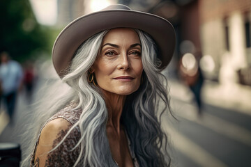 Generative AI illustration of beautiful 60 year old woman with gray hair on the streets of New York.