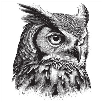 Hand Drawn Engraving Pen and Ink Owl Head Vintage Vector Illustration