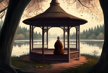 Monk in a gazebo on a lake illustration. AI generative.