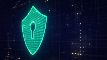 Cyber security concept: Shield With Keyhole icon on digital data background. Illustrates cyber data security or information privacy idea. Blue abstract hi speed internet technology.