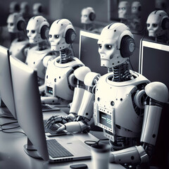 Robots in the office. humanoids in the office work at the computer in the office. Banner. Generative AI