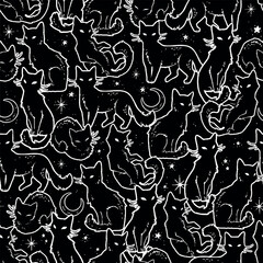 Repeating ornament of magical black cats and stars