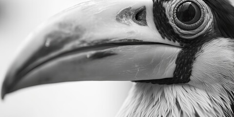 Black and white portrait close up of an toucan facing the camera on light background, Generative AI