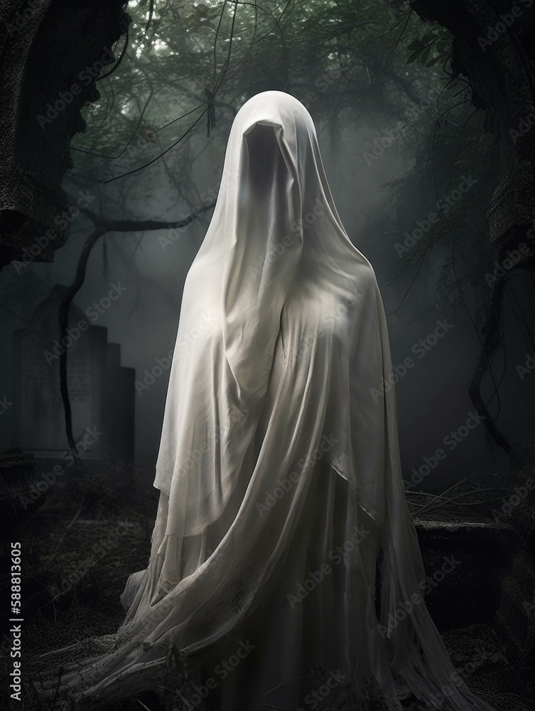 Poster a white veil is dd over the face of a figure standing in the center of a cemetery its form shapeless