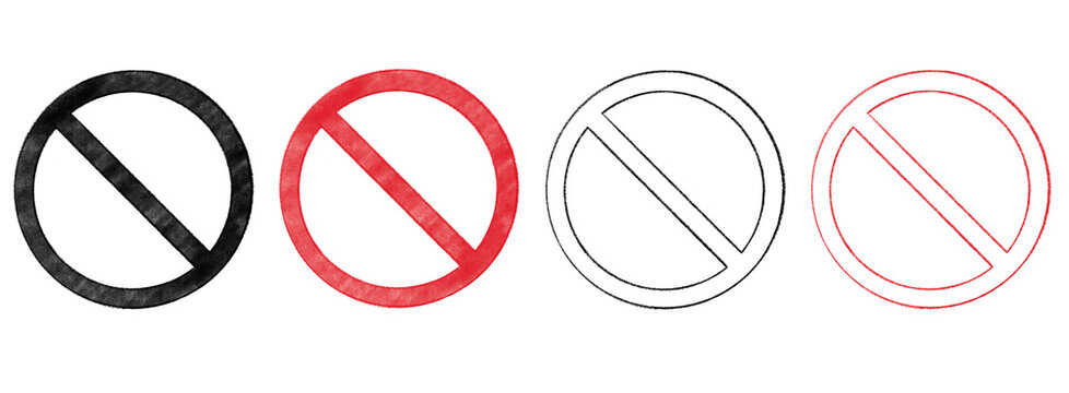 Banned icon not allowed stop no entry sign prohibited slash mark vector illustration set hand drawn pencil crayon texture symbol red and black lines