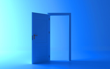 Open the door. Blue door, open entrance in blue background room. Architectural design element. 3d rendering. Modern minimal concept. Opportunity metaphor.