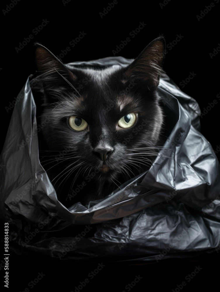 Poster a cat nestled ast the contents of a black garbage bag licking its fur clean.. ai generation.