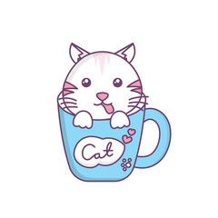 cat with a cup. Blue vecktor illustration 
