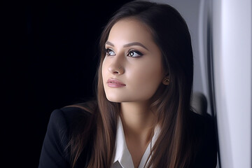 mulher pensando em trabalho no conceito de avião Viagens de negócios e conceito de tecnologia