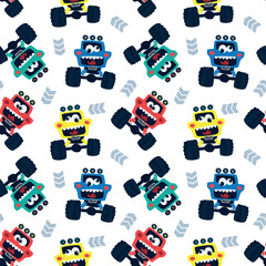 Seamless pattern, Funny cartoon cute monster trucks isolated on white background illustration vector. © singtamuang