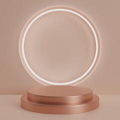 3d render luxury round podium with circle light glowing on rose gold background for product presentation