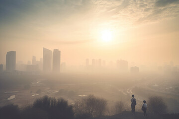 People in respirators and masks against the backdrop of urban smog. Generative AI	