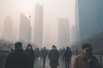 Obraz premium People in respirators and masks against the backdrop of urban smog. Generative AI