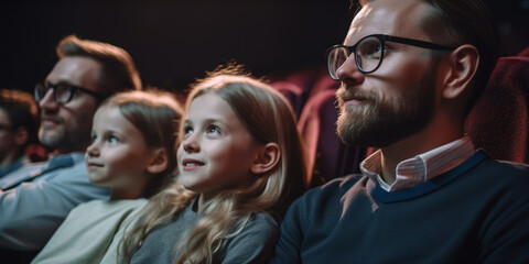 Family with children in the cinema watching a movie. Generative AI	
