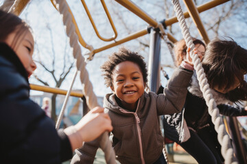 Obraz premium Multiracial group of kids having fun in the playground. Generative AI 