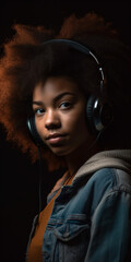 A young afro woman listening to music in studio.